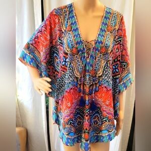 Colorful Women's Top with Geometric Patterns one size by La Moda Clothing.